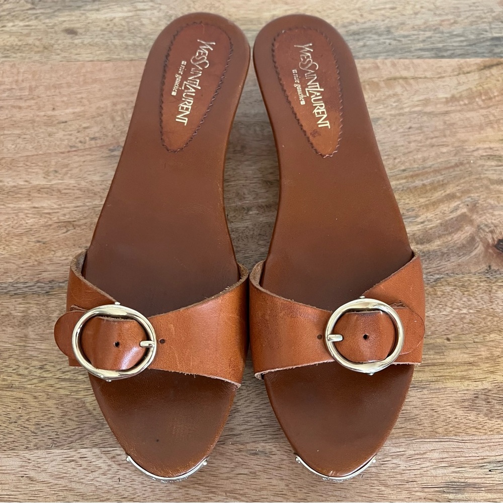 Yves Saint Laurent Rive Gauche Caliente wooden kitten heel sandals brown leather